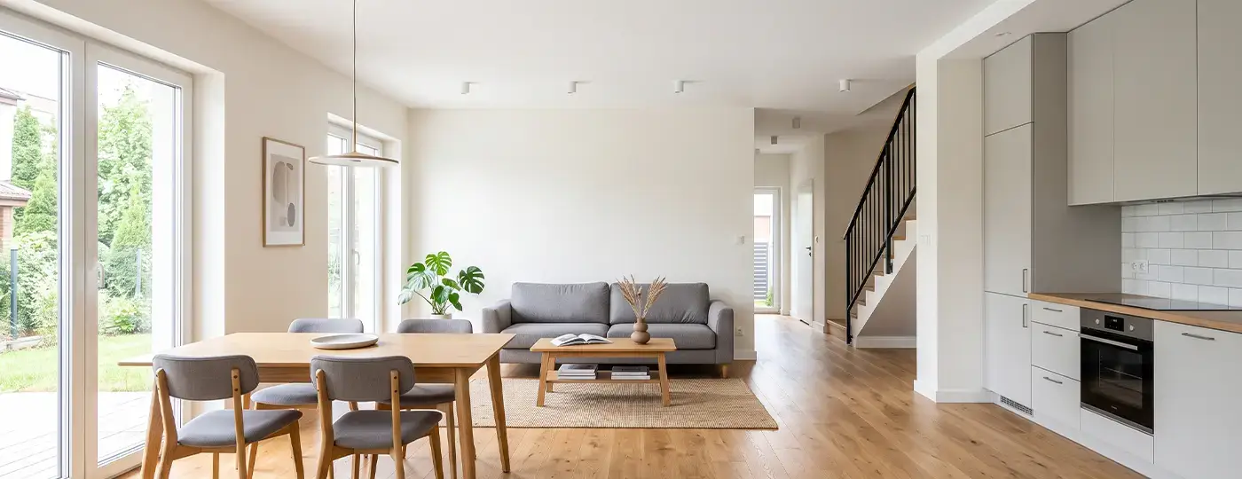 Ein helles, modernes Wohnzimmer mit glatten, fertig bearbeiteten Wänden.