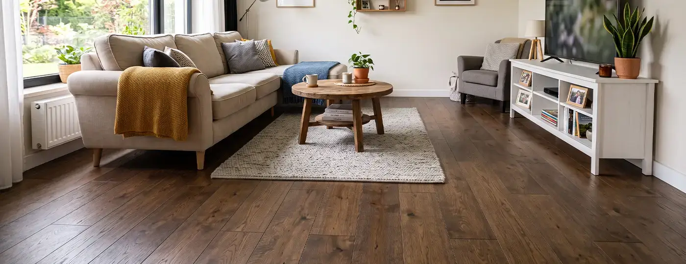Wohnzimmer mit dunklem Holzboden, einem hellen Sofa und einem Couchtisch.