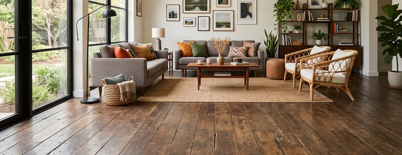 Ein gemütliches Wohnzimmer mit dunklem Holzboden im Used-Look und Lounge-Möbeln.