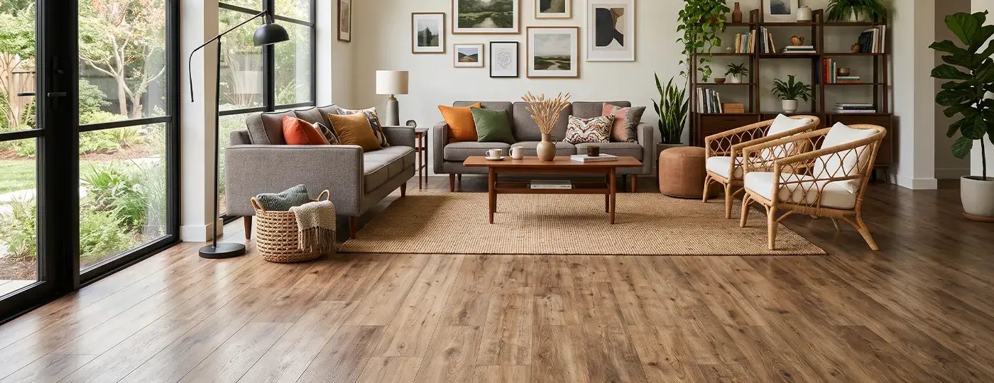 Helles Wohnzimmer mit neuem Vinylboden und neuen Möbeln.