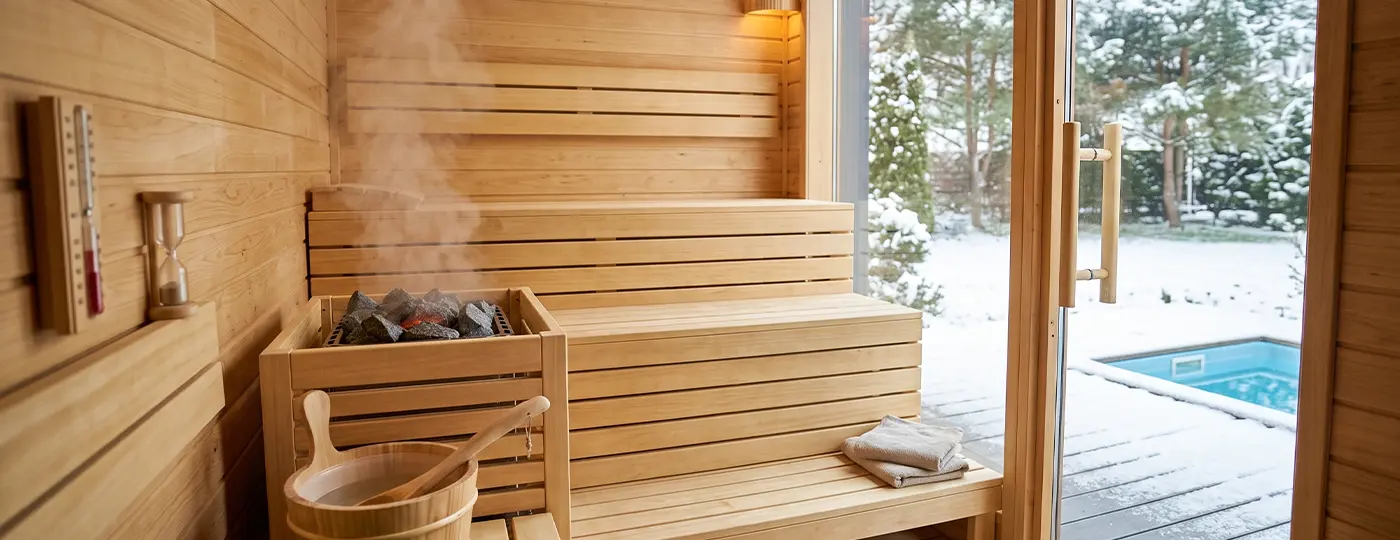 Eine helle Heimsauna mit Holzbänken, einem dampfenden Saunaofen und einer Glaswand, die den Blick auf einen verschneiten Garten freigibt.