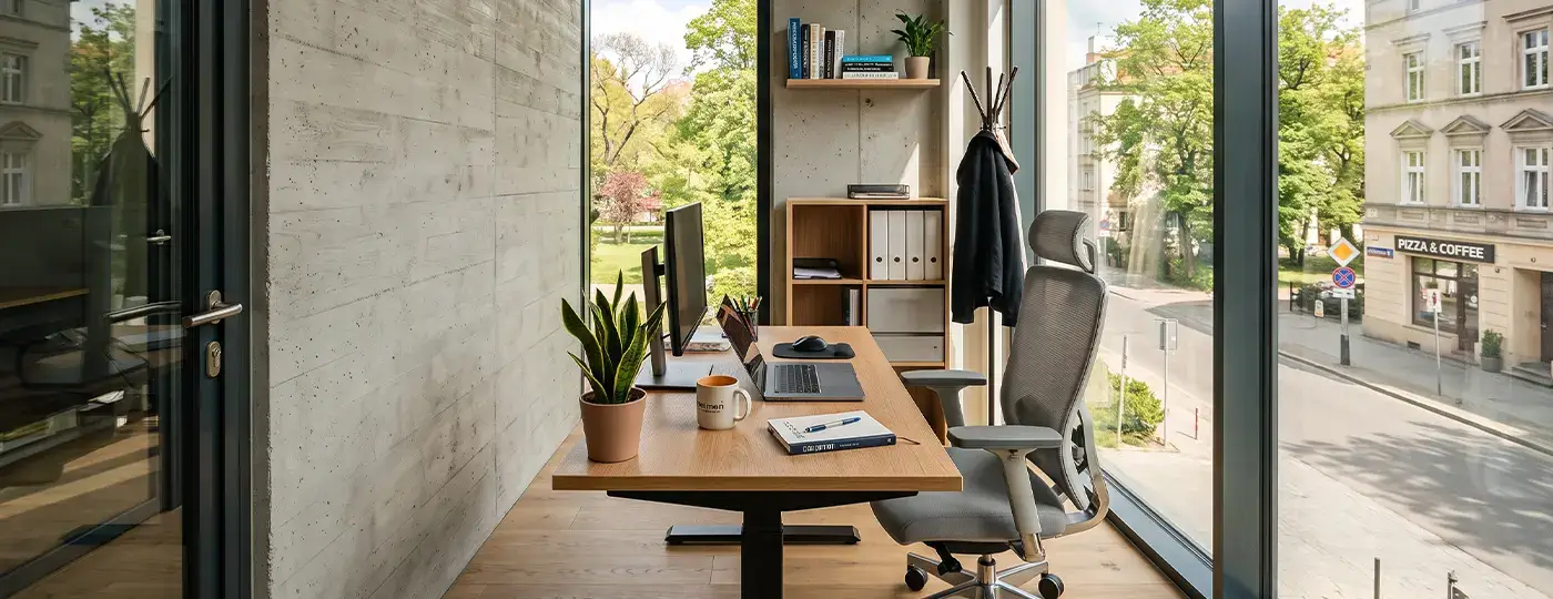 Modernes, kleines Büro mit Schreibtisch, kompletter Ausstattung und großen, zur Straße hin ausgerichteten Glasfronten.
