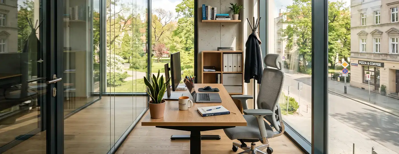 Ein kleines, modernes Büro mit Glastrennwänden und einem großen Fenster mit Blick auf die Stadt.