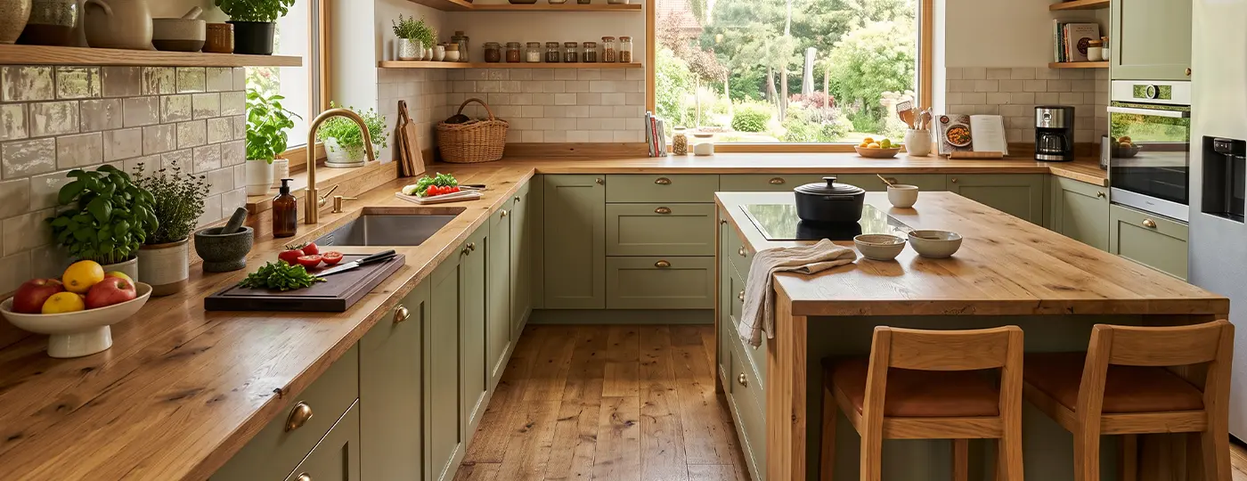 Eine gemütliche, helle Küche im Landhausstil mit olivgrünen Schrankfronten, Holzarbeitsplatten, einer Kücheninsel und einem großen Fenster mit Blick in den Garten.
