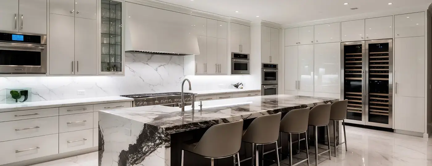 Eine elegante, moderne Küche mit weißen Hochglanzfronten, einer großen Insel mit Marmorarbeitsplatte und Barhockern.