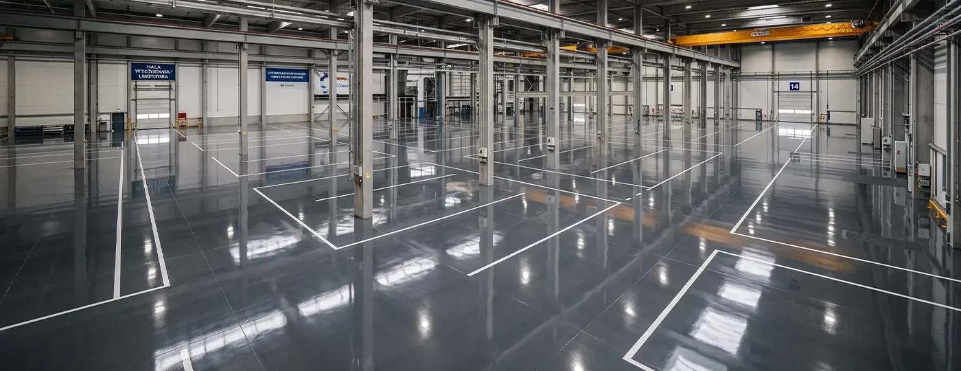 Industriehalle mit glänzendem Kunstharzboden und ausgewiesenen Zonen.