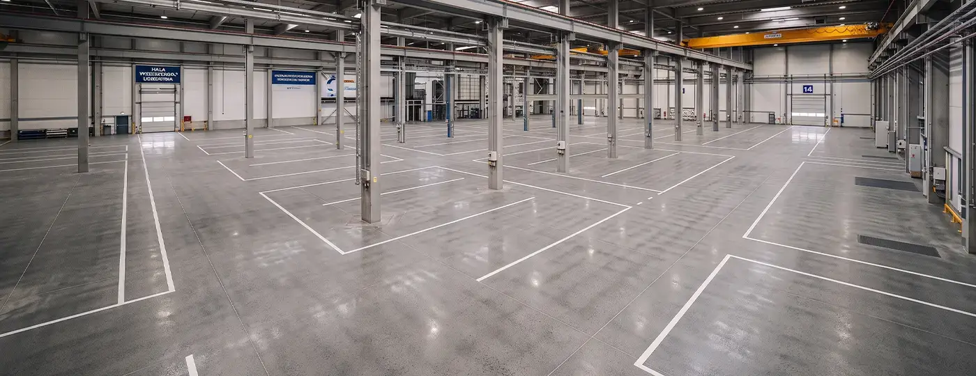 Eine leere Industriehalle mit grauem Boden und weißen Linien.