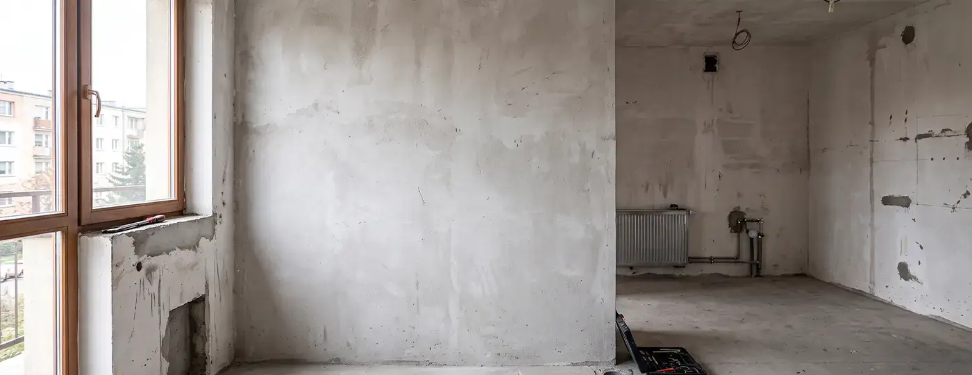 Leerer Raum im Rohbauzustand vor der Sanitärinstallation.