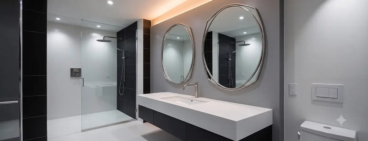 Ein modernes Badezimmer mit zwei ovalen Spiegeln in Metallrahmen über einem breiten Waschbecken sowie einer begehbaren Dusche.