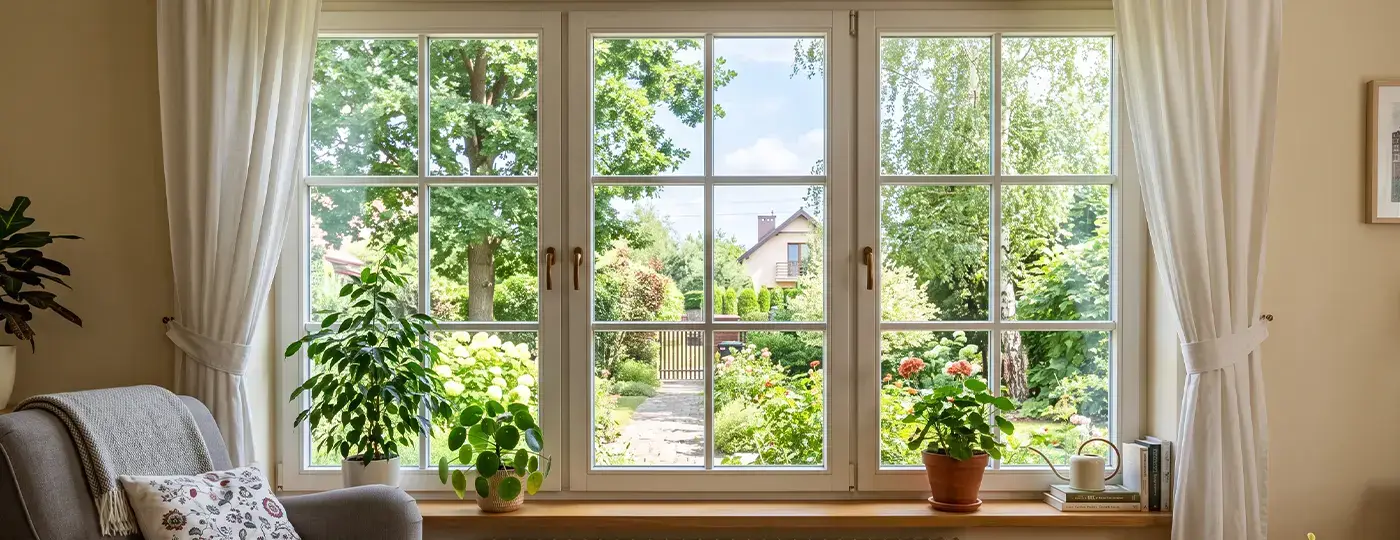 Heller Innenraum mit neu eingebauten weißen Fenstern und Blick in den Garten.