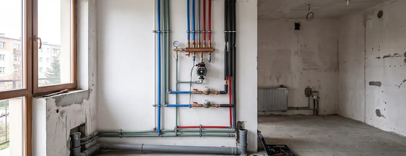 Aufputz-Sanitär- und Wasser-/Abwasserinstallation in einer Wohnung im Bauträgerzustand.