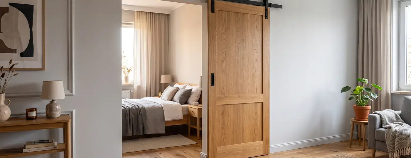 Eine hölzerne Schiebetür an einer schwarzen Führungsschiene, die das gemütliche Schlafzimmer vom Wohnzimmer trennt.