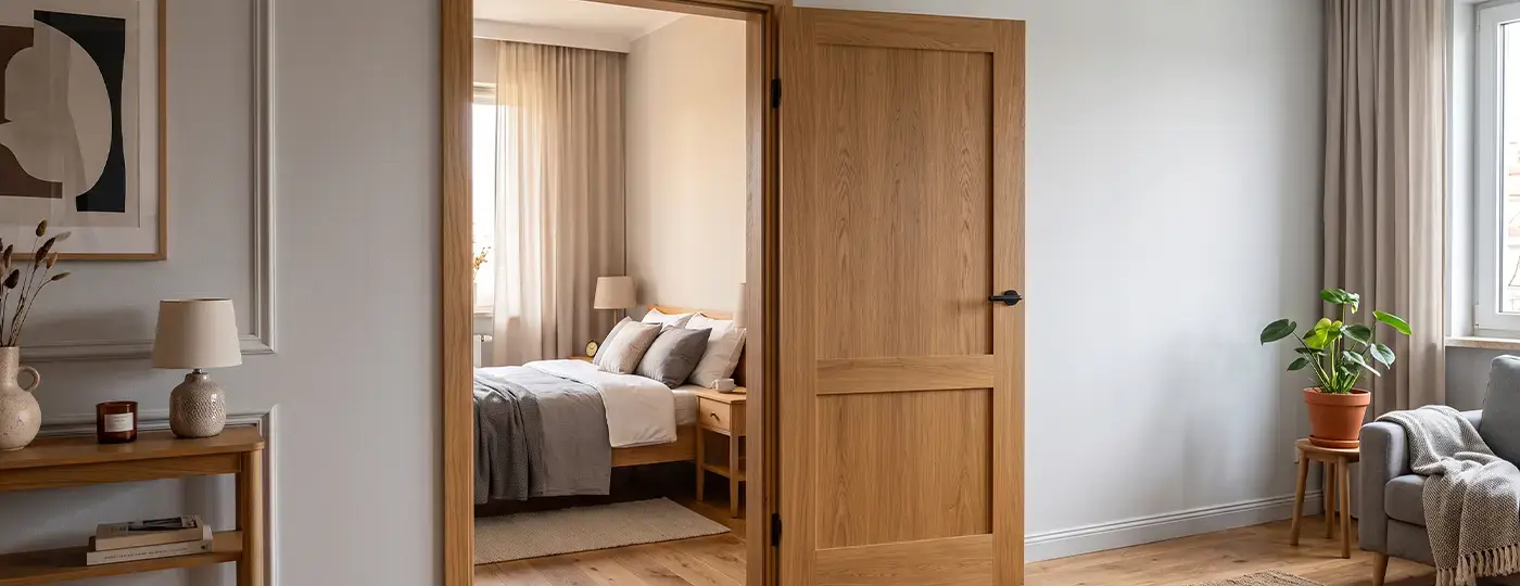 Eine offene hölzerne Flügeltür, die in ein helles, gemütliches Schlafzimmer führt.