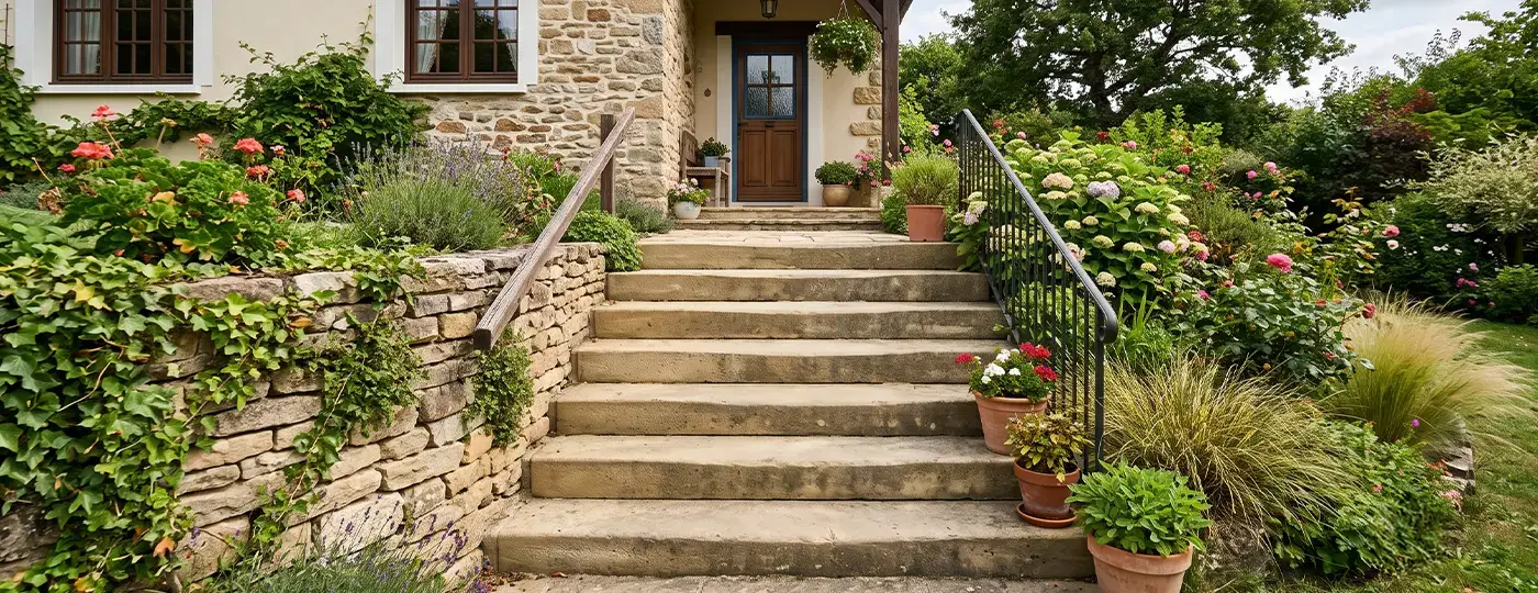 Steintreppe im rustikalen Stil, die zum Eingang eines Hauses mit Steinfassade und üppigem Garten führt.