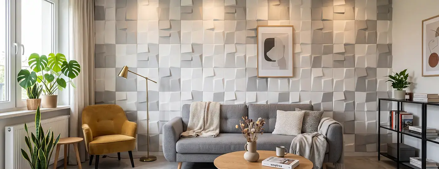 Helles Wohnzimmer mit grauem Sofa, honigfarbenem Sessel und einer dreidimensionalen, weiß-grauen Akzentwand mit einem aufgehängten Bild.