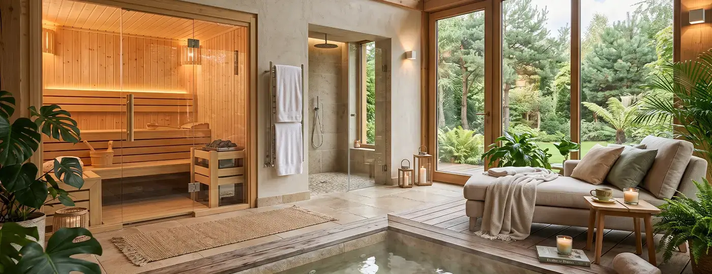 Ein komplett fertiggestellter Wellnessbereich im Haus mit Loungemöbeln, einer Sauna mit Glaswänden, einer Dusche, einem Swimmingpool und großen Fenstern mit Blick in den Garten.