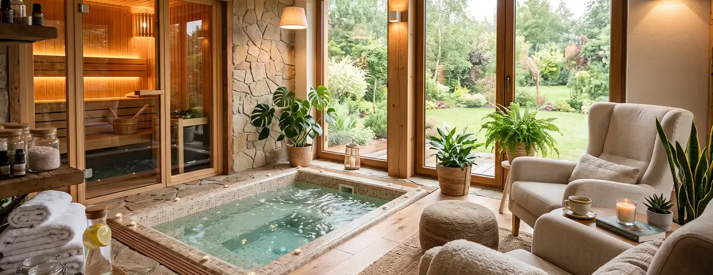 Ein fertiggestellter Wellnessbereich im Haus mit einem kleinen im Boden eingelassenen Pool, einer Sauna mit Glaswänden, bequemen Sesseln und großen Fenstern mit Blick in den Garten.