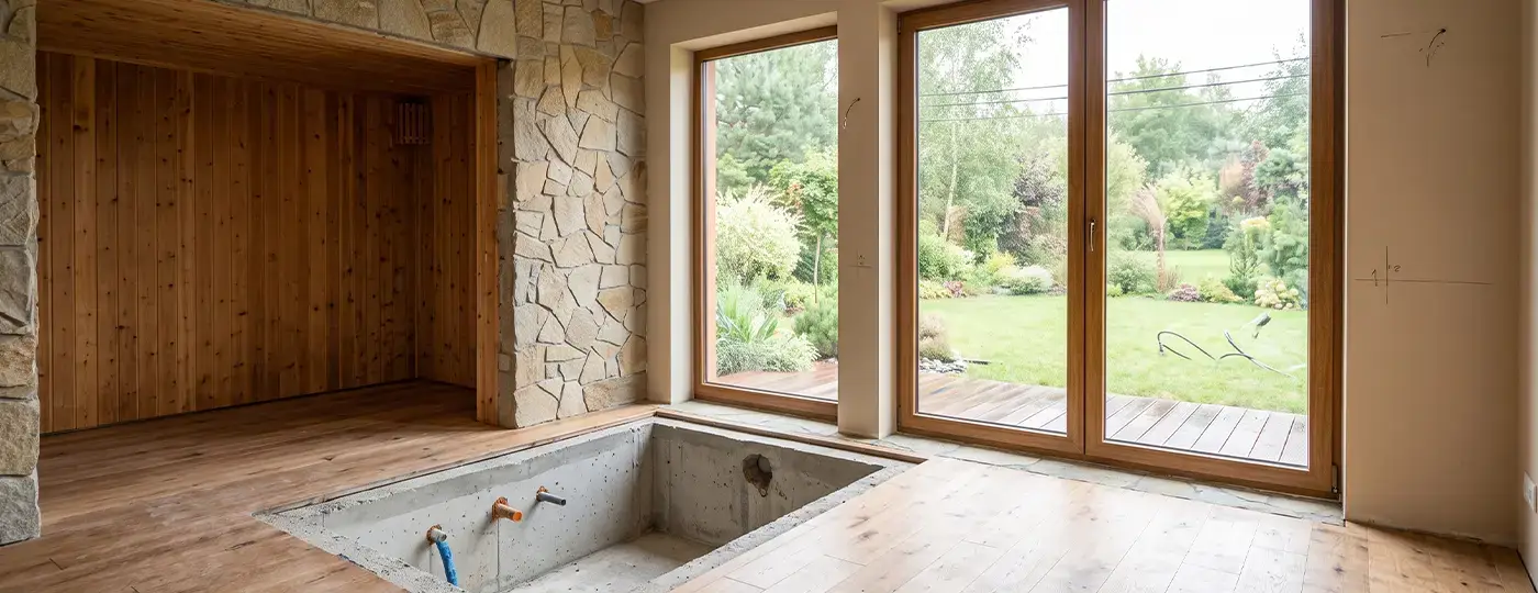 Ein sich im Umbau befindlicher Raum, der als privater Wellnessbereich geplant ist – ausgestattet mit einem Untergrund für einen Pool oder Whirlpool, einer Nische für eine Sauna und Blick in den Garten.