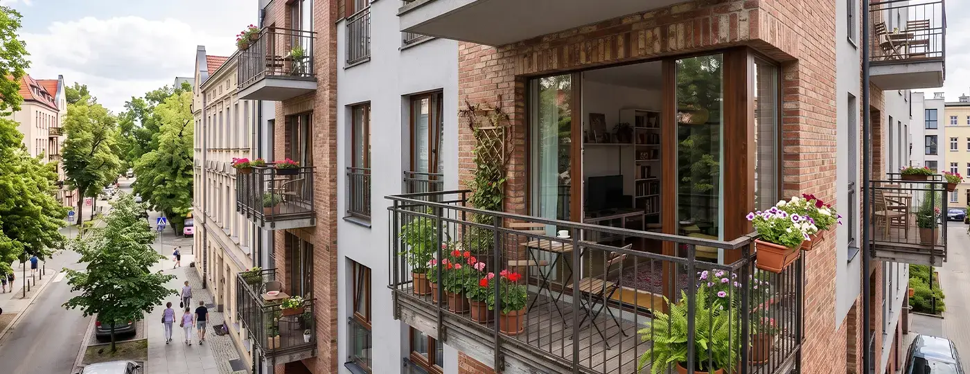 Modernes Wohngebäude mit Ziegelfassade und blumengeschmückten Balkonen, mit Blick auf eine städtische Straße.