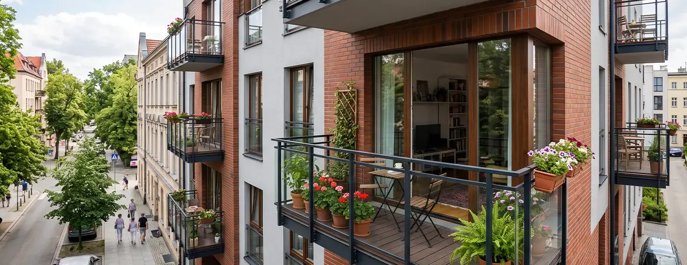 Modernes Mehrfamilienhaus mit Ziegelfassadenelementen, ausgestattet mit Balkonen mit Glasbrüstungen und Blumen, mit Blick auf die Straße.