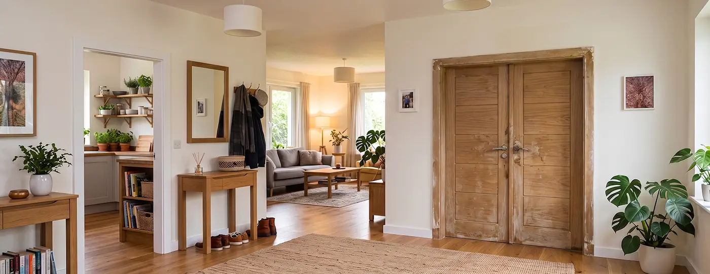 Ein heller Wohnbereich mit alten Holztüren im Used-Look.