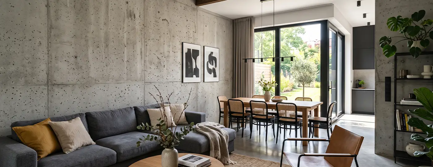 Ein geräumiges Wohnzimmer mit einem grauen Sofa und einem Esstisch, das durch eine Wand aus Sichtbeton besticht.