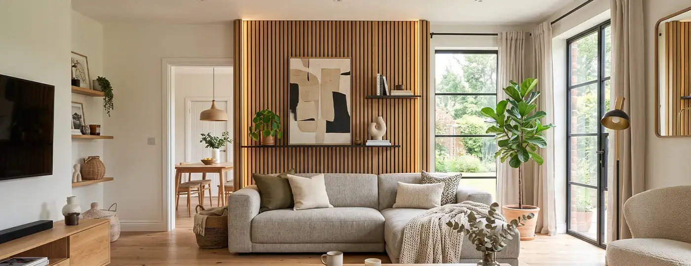 Ein helles Wohnzimmer mit einem grauen Sofa und einer dekorativen Wand aus Holzlamellen, akzentuiert durch LED-Beleuchtung und ein Gemälde.