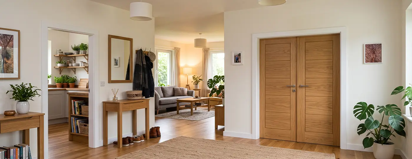 Ein gemütliches, helles Haus mit Holztüren und Holzmöbeln.