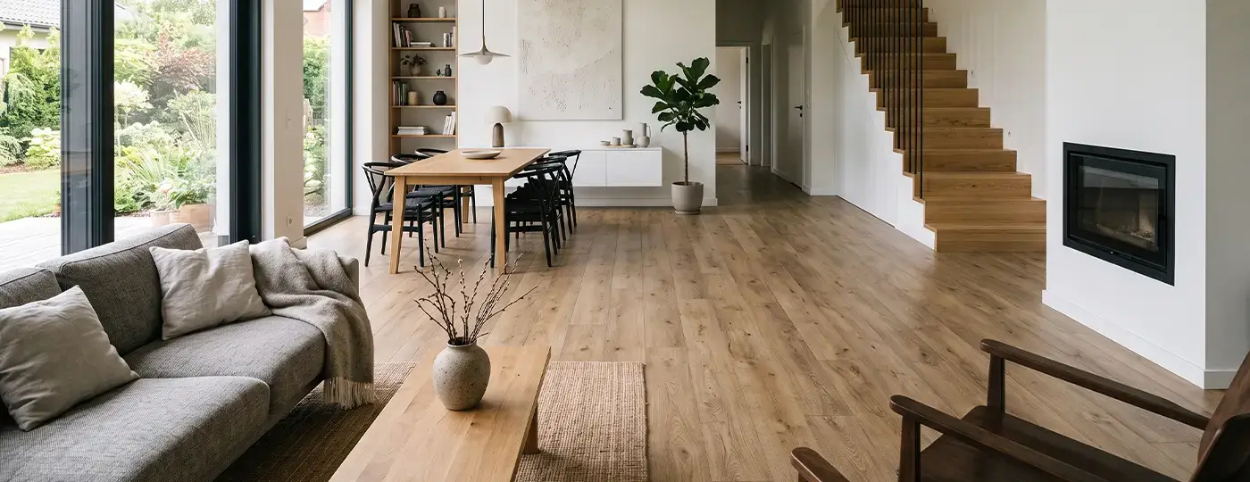 Ein geräumiges, helles Wohnzimmer mit Bodenbelag in heller Holzoptik, einem grauen Sofa, einem Essbereich und einer Holztreppe.
