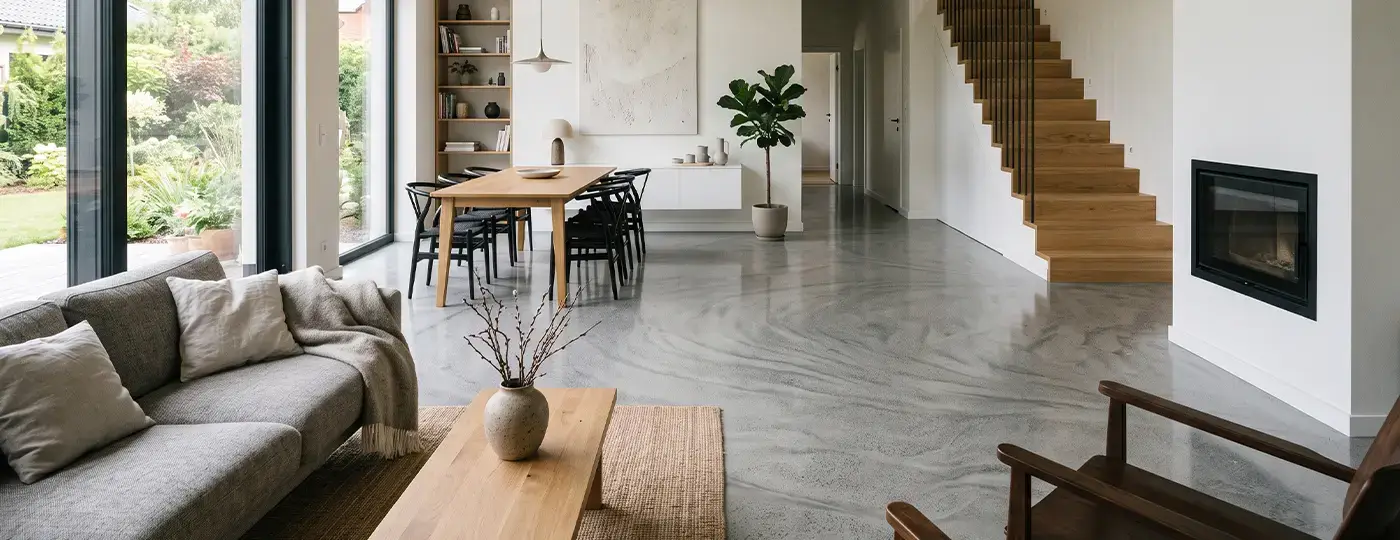 Geräumiges Wohnzimmer mit grauem Epoxidharzboden, einem Sofa, einem Essbereich und einer Treppe.