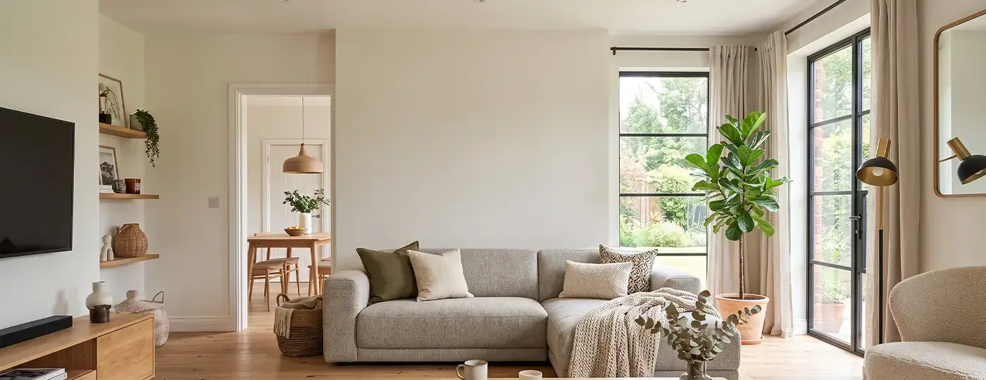 Ein geräumiges, modernes Wohnzimmer mit einem grauen Ecksofa, einem TV-Möbel aus Holz mit Fernseher und großen Fenstern mit Blick auf den Garten.