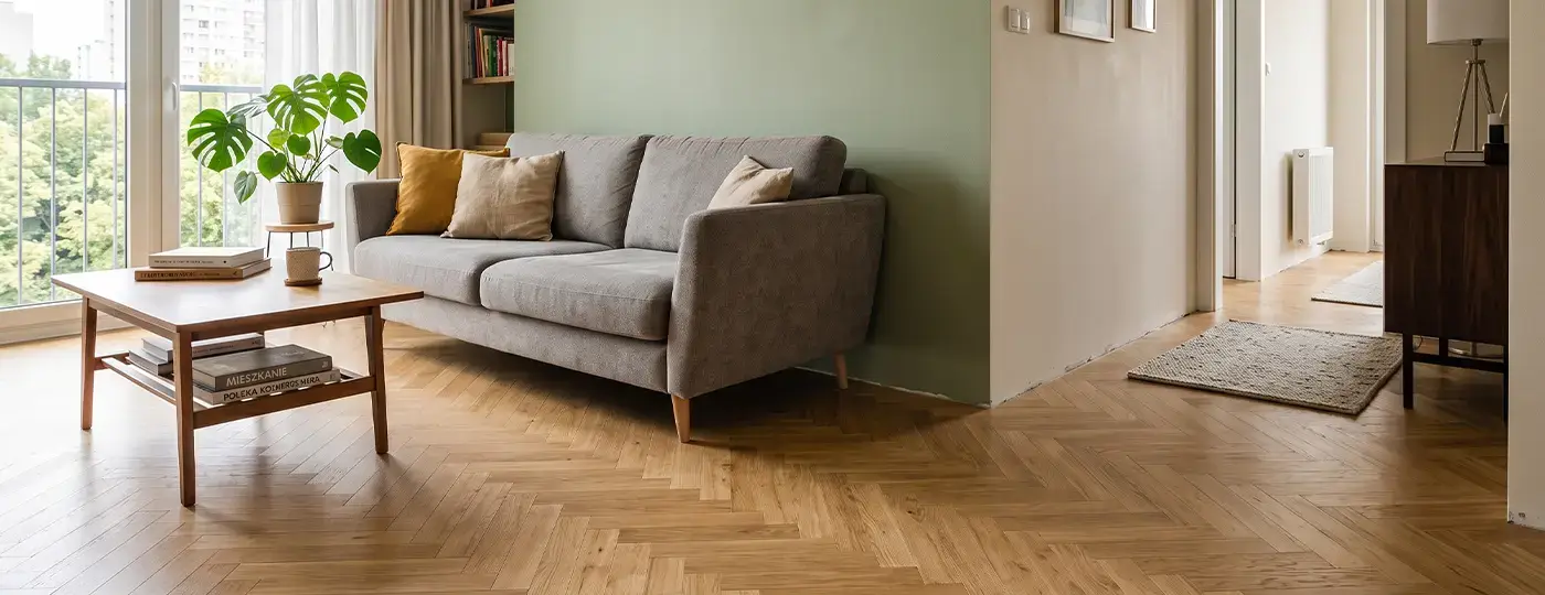 Ein heller Wohnraum mit Fischgrätparkett ohne Sockelleisten.