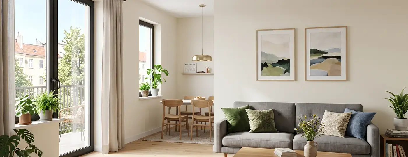 Helles Wohnzimmer mit Essbereich und Balkon