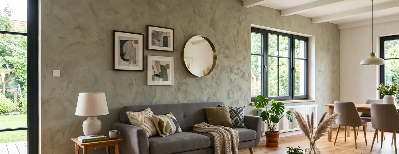 Ein helles Wohnzimmer mit einem grauen Sofa vor einer dekorativen Wand, die mit Strukturputz in einem oliv-schwarzen Farbton gestaltet ist.