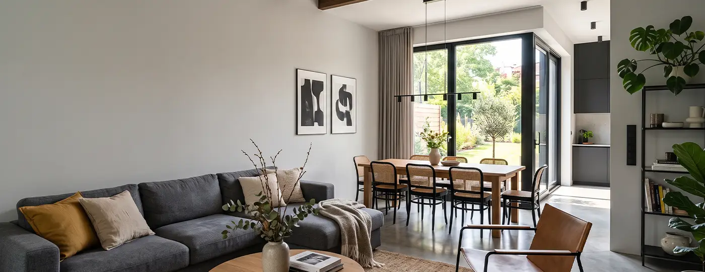 Ein geräumiges, modernes Wohnzimmer mit einem grauen Sofa, einem großen Esstisch und Zugang zum Garten.
