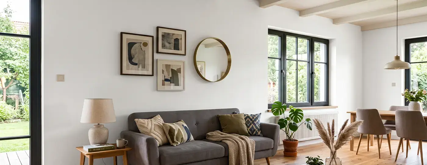 Ein heller Innenraum mit einem grauen Sofa, einem Essbereich und glatten weißen Wänden.
