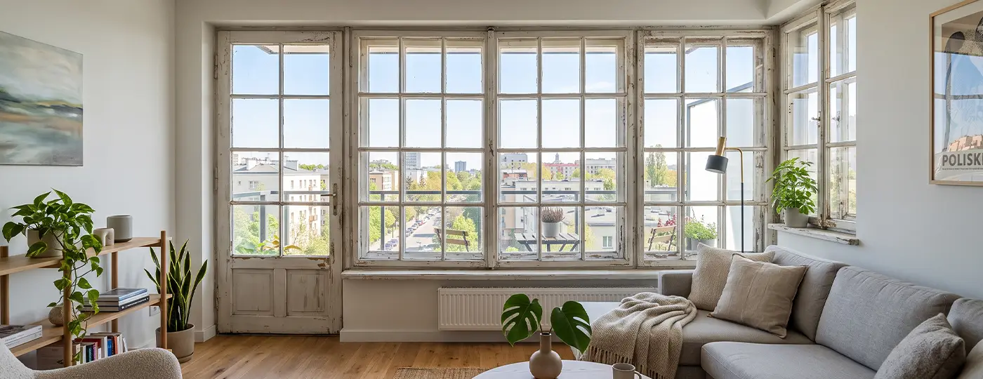 Ein verglastes Wohnzimmer mit alten Holzfenstern.