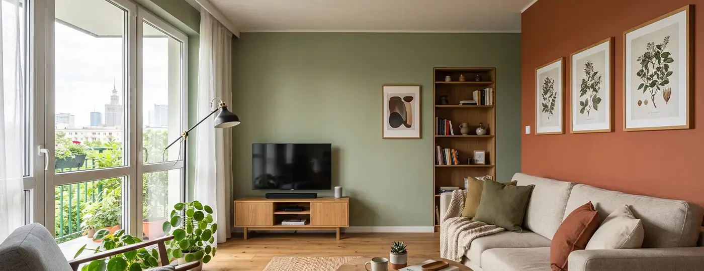 Ein modernes Wohnzimmer mit einer grünen und rostroten Wand, einem hellen Sofa und Holzmöbeln.