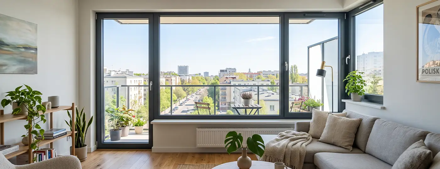 Ein modernes Wohnzimmer mit großen, dunklen Panoramafenstern.