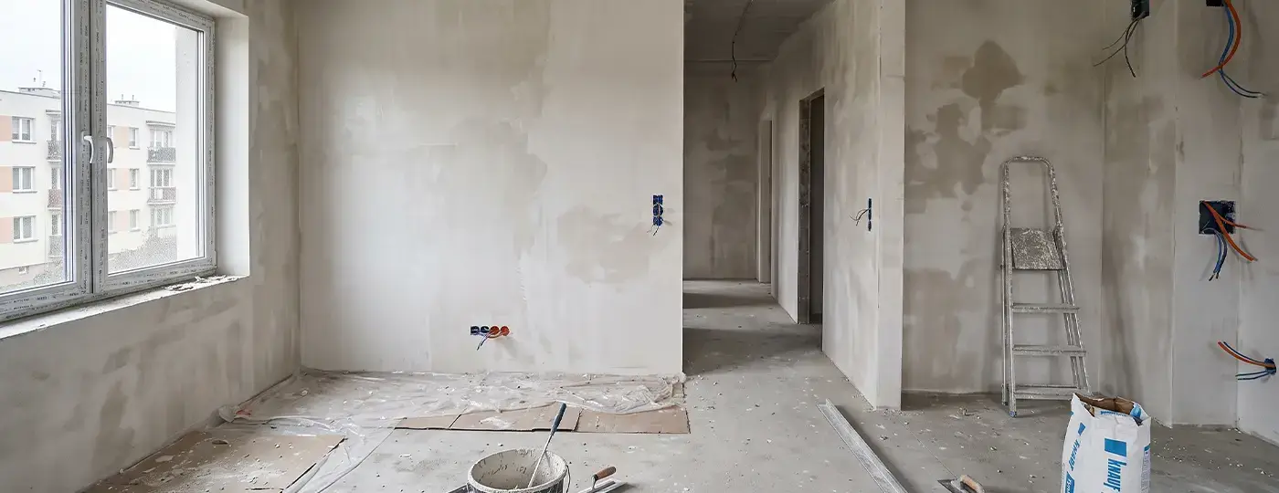 Wohnungsinnenraum während der Verputz- und Renovierungsarbeiten.