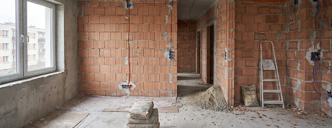 Rohbau-Wohnungsinterieur mit Ziegelwänden vor dem Verputzen.