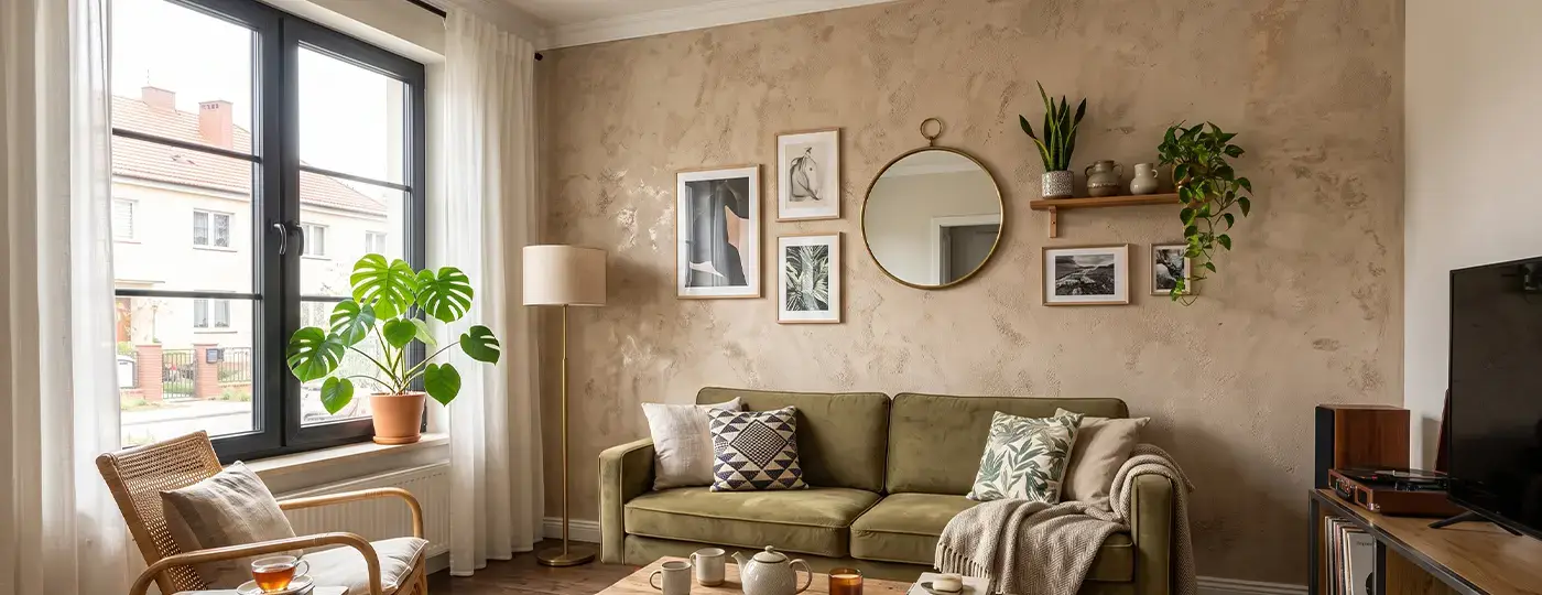 Ein Wohnzimmer mit einem olivgrünen Sofa vor einer dekorativen Wand, die mit Strukturputz in warmen Beigetönen gestaltet ist.