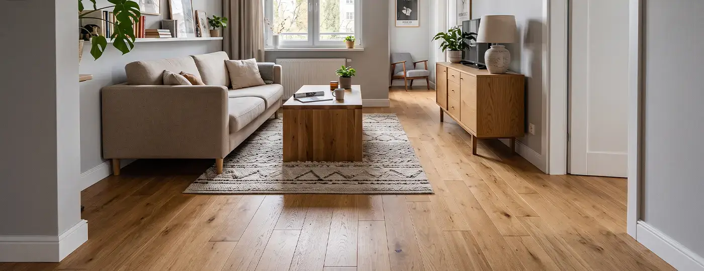Ein gemütliches Wohnzimmer mit Holzboden und weißen Fußleisten.