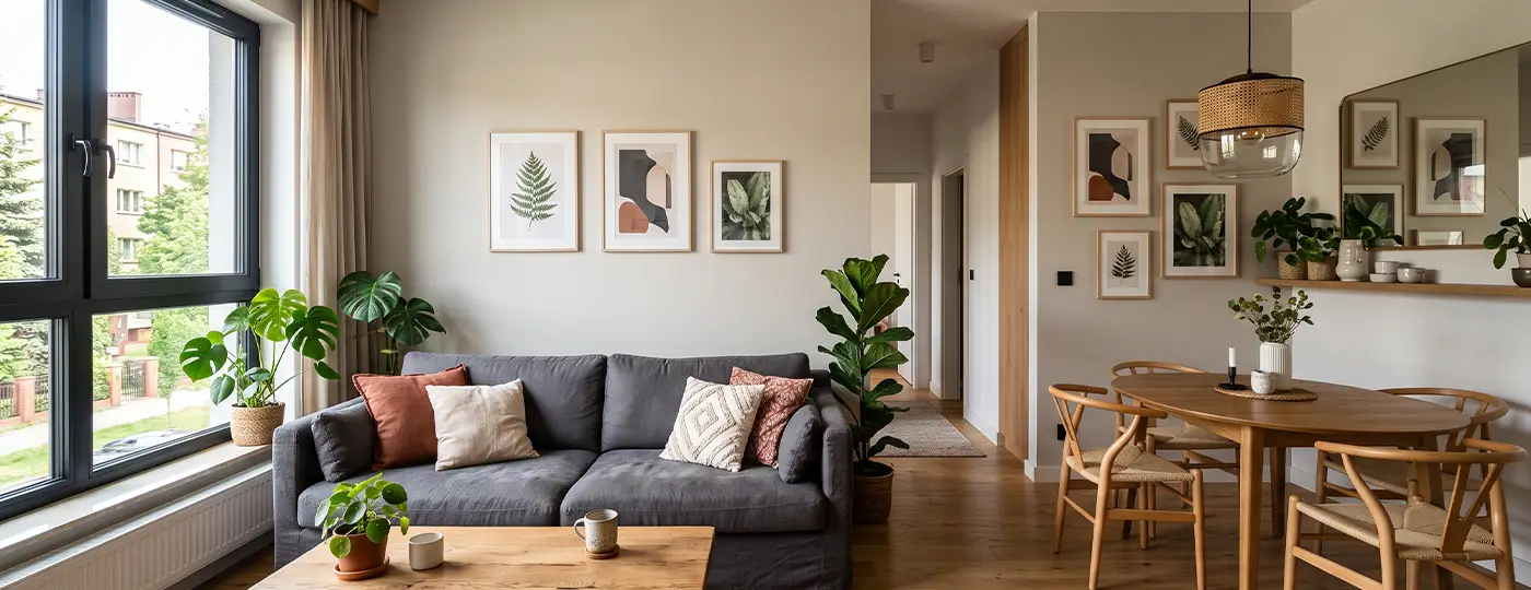 Ein gemütliches Wohnzimmer mit einem dunkelgrauen Sofa und einem Holztisch.