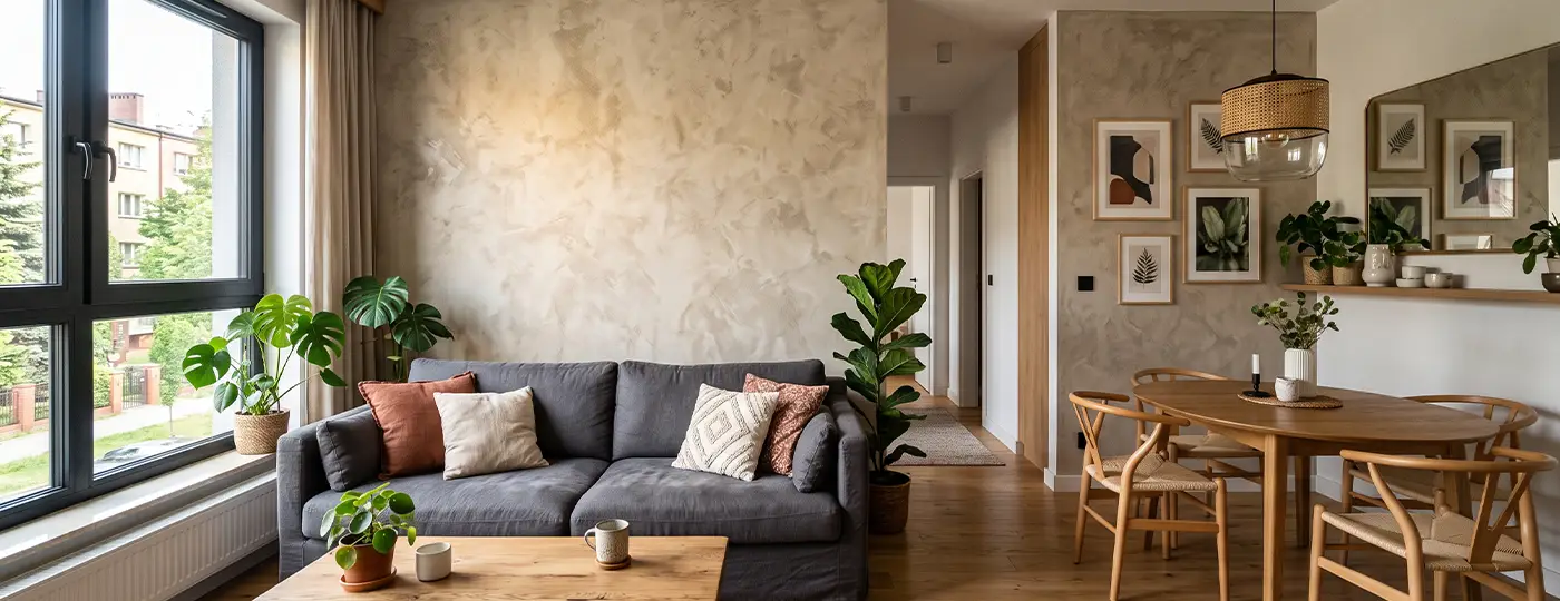 Wohnzimmer mit dekorativem Putz in Used-Optik, einem grauen Sofa und Pflanzen.