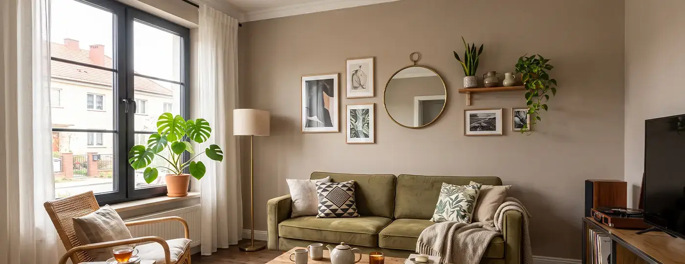 Ein gemütliches Wohnzimmer mit einem olivgrünen Sofa, einem runden Spiegel und glatten Wänden in einem warmen Beigeton.