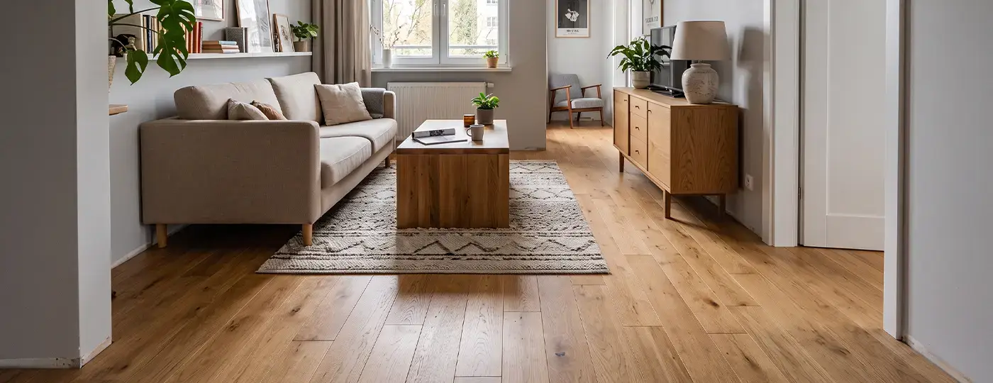 Ein gemütliches Wohnzimmer mit Holzboden und ohne Fußleisten.