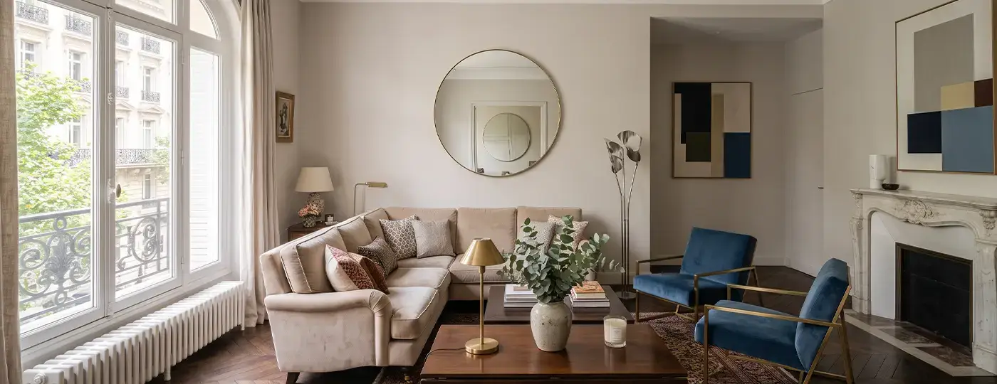 Ein Wohnzimmer im Pariser Stil mit einem beigen Sofa und blauen Sesseln.