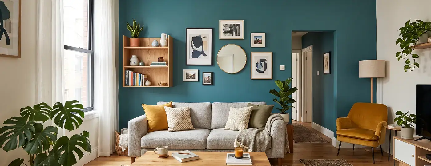 Ein elegant eingerichtetes Wohnzimmer mit einer türkisfarbenen Akzentwand, einem grauen Sofa, einem gelben Sessel und Holzelementen.
