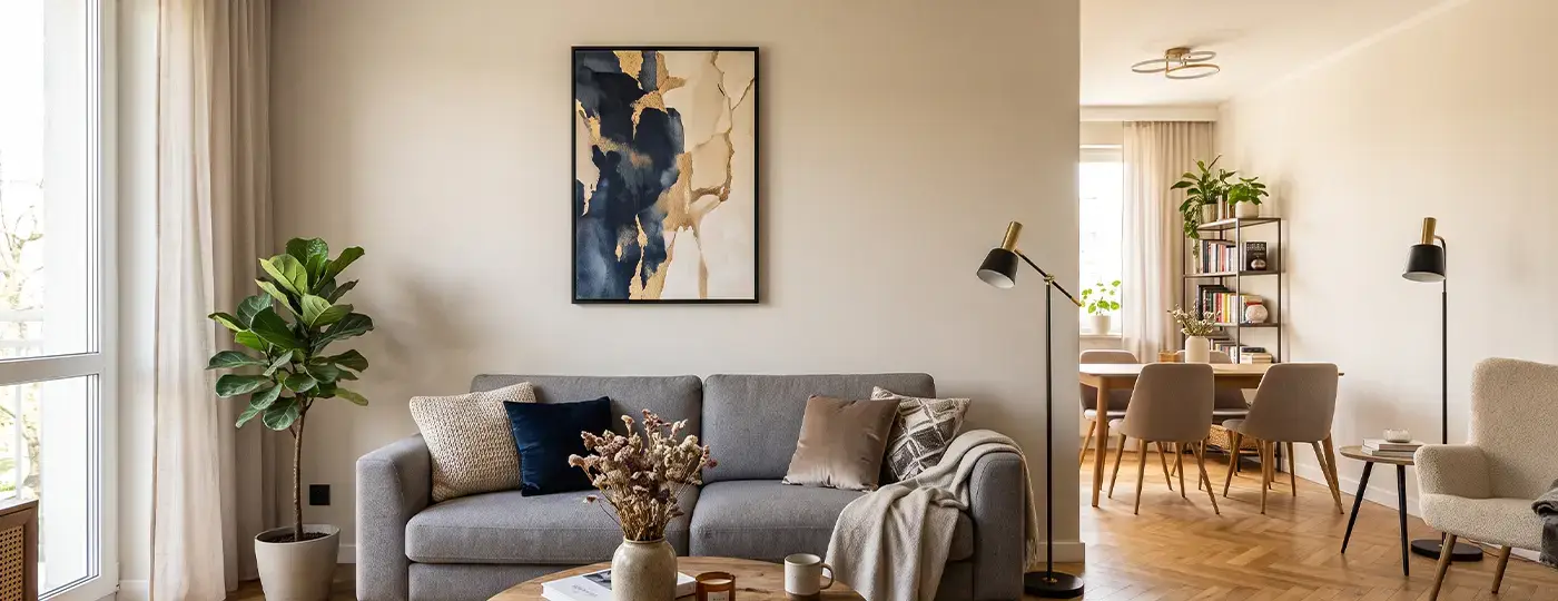 Ein elegantes Wohnzimmer mit einem grauen Sofa, einem abstrakten Gemälde an einer hellen Wand und Blick auf den Essbereich.
